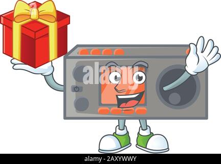 cartoon character of radio transceiver with a box of gift Stock Vector