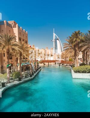 27 November 2019, UAE, Dubai: Cityscape view from Madinat on famous Seven Star Hotel Burj Al Arab Stock Photo