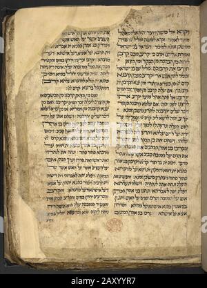 A Torah page from an ancient 12th century book 'Leviticus to Deuteronomy with Targum Onkelos'. Torah with Targum Onkelos, verse-by-verse. Both are vocalized with simple superlinear (Babylonian) punctuation, but Tiberian vocalization has also been added in parts. Lacks Genesis and Exodus, contains Leviticus through Deuteronomy. This is an early example (11th-12th century) of the Torah with Onkelos according to the tradition of the Jews of Yemen. Stock Photo