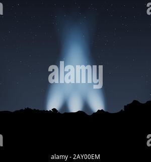The spotlights are shining. The night sky over the dark forest. Vector illustration. Stock Vector