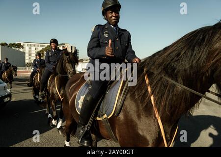 Mounted police officers parade ahead of President Cyril Ramaphosa's 2020 State of the Nation address at the South African Parliament in Cape Town Stock Photo