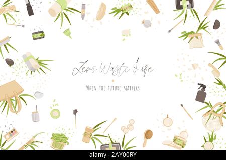 Zero Waste Vector Concept illustration in Minimalism Style, with Reusable and Recycle Zero Waste products - Beauty, Kitchen, personal care and hygiene Stock Vector