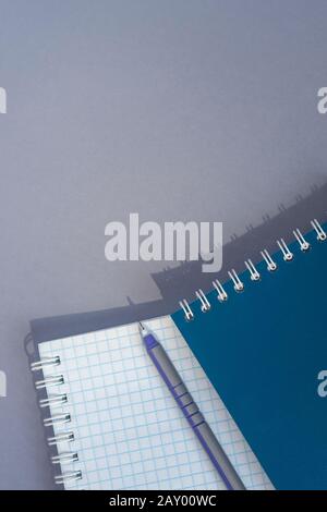 Empty blank ring, spiral notepad with a pen on it. Vertical image of a blank notebook. View from directly above Stock Photo