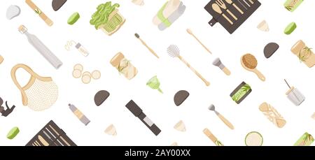 Zero Waste Vector background in Minimalism Style, with Reusable and Recycle Zero Waste products - Pad, Box, Charcoal toothbrush, Natural Soap and Stock Vector