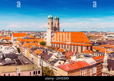 Aerial bird eye view of famous Frauenkirche church in Munich, travel destinations in Bavaria concept Stock Photo