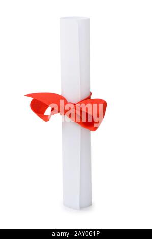 Diploma with red ribbon isolated on white Stock Photo