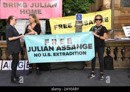 Sydney, Australia. 14th February 2020. Protesters in support of whistleblower Julian Assange rallied in front of Sydney Town Hall. Credit: Richard Milnes/Alamy Live News Stock Photo