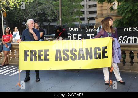Sydney, Australia. 14th February 2020. Protesters in support of whistleblower Julian Assange rallied in front of Sydney Town Hall. Credit: Richard Milnes/Alamy Live News Stock Photo