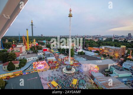 20 July 2019, Vienna, Austria: Wien Prater amusement park, aerial view from top of the ferris wheel Stock Photo