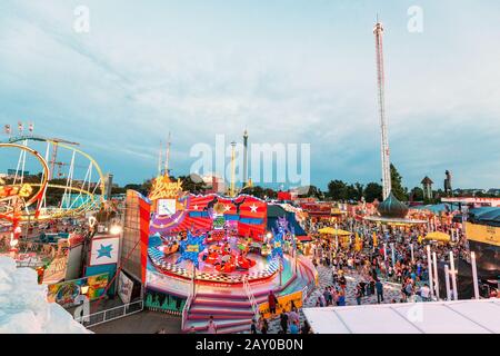 20 July 2019, Vienna, Austria: Wien Prater amusement park, aerial view from top of the ferris wheel Stock Photo