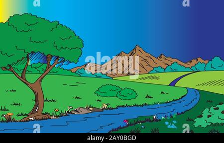 a natural view with hills and river Stock Vector