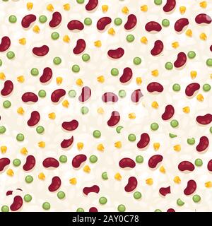 Seamless pattern of soybean green pea and corn vegetables food flat vector illustration on beige background. Stock Vector