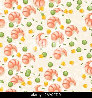 Seamless pattern of shrimp with green pea and corn seafood flat vector illustration on beige background. Stock Vector