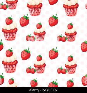 Seamless pattern of sweet strawberry cupcake with vanilla whipped cream and berry on top flat vector illustration. Stock Vector