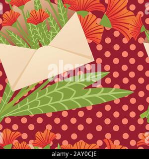 Seamless pattern paper envelope with red flowers spring creative abstract design element flat vector illustration on red dotted background. Stock Vector