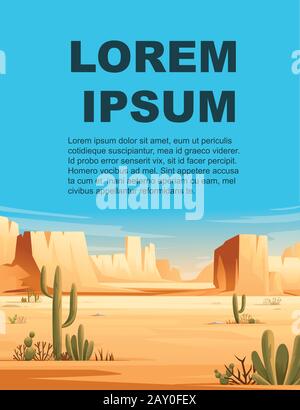 Desert landscape of stone desert with plants and rocks sunny day blue sky flat vector illustration vertical design flyer or brochure. Stock Vector