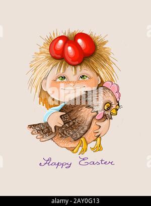 vector illustration Heppy Easter boy holds red testicles and a chicken Stock Vector