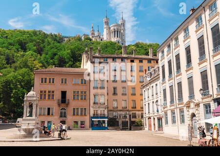 23 July 2019, Lyon, France: Saint Jean Square and Notre Dame cathedral Stock Photo