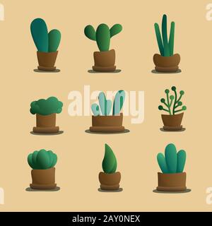 Modern succulent collection. Cartoon green cactus , succulent, plants in brown pots, hand drawn vector illustration. Stylish simple flower pots, house Stock Vector