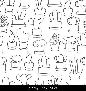 Succulents in pots seamless pattern, black on white background sketch. Hand drawn vector illustration, doodle style. Cactus and succulent in pots colo Stock Vector