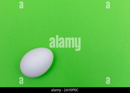 Easter holiday flat lay with white egg on a solid green background with copy space. Stock Photo