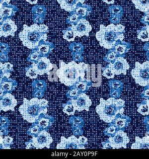 blue monochromatic dotted floral vertical striped seamless vector pattern Stock Vector