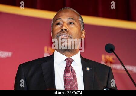 Los Angeles, United States. 13th Feb, 2020. US Secretary of the Department of Housing and Urban Development Ben Carson speaks during a Homelessness Symposium at USC in Los Angeles. The event was held at the USC Schwarzenegger Institute and examined solutions to homelessness in California. Credit: SOPA Images Limited/Alamy Live News Stock Photo