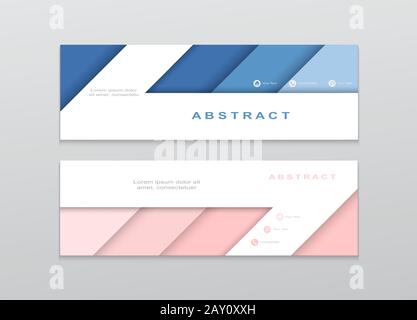 3d vector abstract banner template. Horizontal web banner, modern dynamic design. Creative design of papercut style blue-pink colored banners on gray Stock Vector