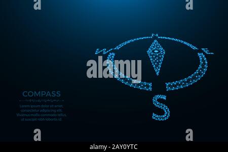 Compass low poly design, Earth's magnetic poles wireframe mesh polygonal vector illustration made from points and lines on dark blue background Stock Vector