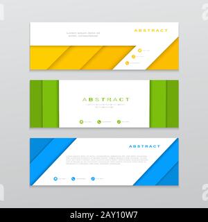 3d vector abstract banner template. Horizontal web banner, modern dynamic design. Creative design of papercut style yellow, green, blue colored banner Stock Vector