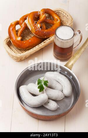 Bavarian white sausages in a pot Stock Photo