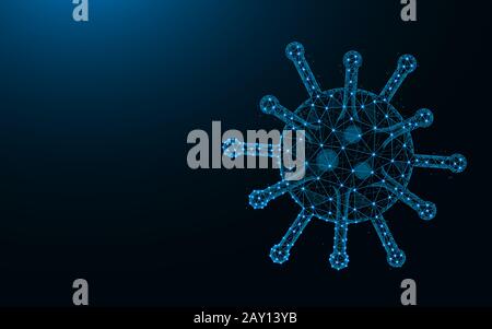 Virus low poly design, Bacterium or microbe wireframe mesh polygonal vector illustration made from points and lines on dark blue background Stock Vector