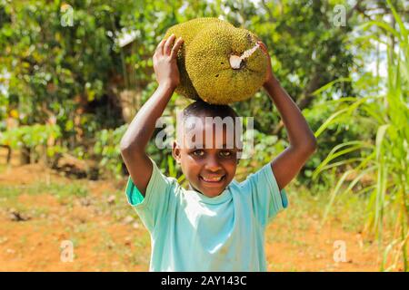 Kampala, Uganda - January 26, 2015: African child playing with fruits from his parents farm on a street in Kampala. Stock Photo