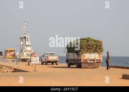 Kampala, Uganda - February 3, 2015: Transportation of bananas on a truck in the port of Jinja. Stock Photo