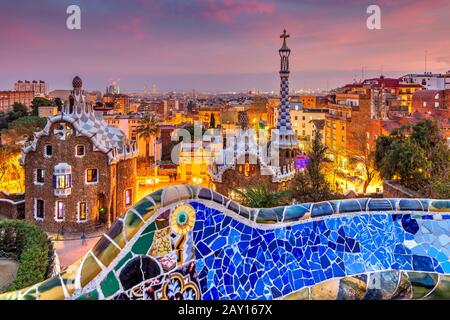 Park Guell at dusk, Barcelona, Catalonia, Spain Stock Photo