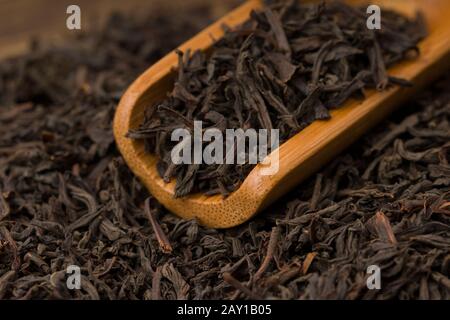 dry leaves of black tea in a wooden spoon Stock Photo