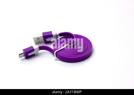 usb cable for connecting smartphone to pc isolated on white background. Cord for charging your mobile phone Stock Photo
