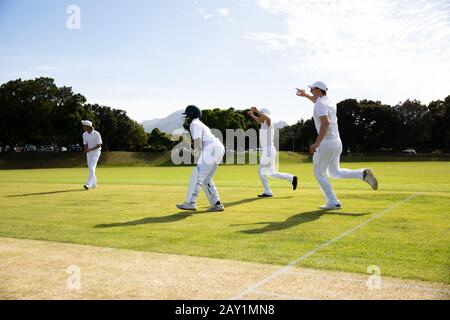 Cricket players training on the pitch Stock Photo