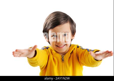 Smiling boy with the outstretched arms on a white background Stock Photo