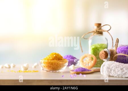 Products for body wellness on wooden table spa background. Front view. Horizontal composition. Stock Photo