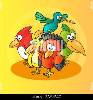 Illustration of funny cartoon characters birds on yellow background Stock Vector