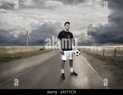 a football player standing on the road
