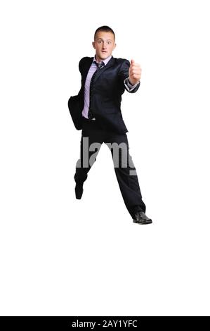 Full length of business man with briefcase running on white background Stock Photo