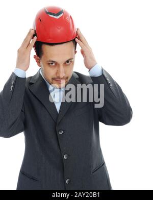 Portrait of young man wearing helmet Stock Photo