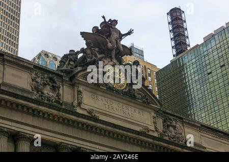 New York, USA - August 20, 2018: Glory of Commerce, a sculptural group by Jules-Félix Coutan at Grand Central Terminal facade in New York City Stock Photo