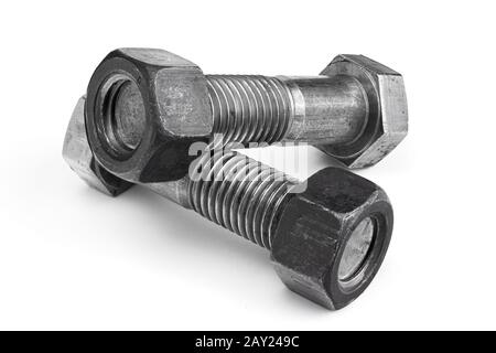 Two screws with nuts isolated on white background Stock Photo