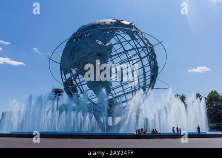 New York, USA - August 20, 2018: The iconic Unisphere in Flushing Meadows Corona Park in Queens. The structure was build for the 1964 NYC World's Fair Stock Photo