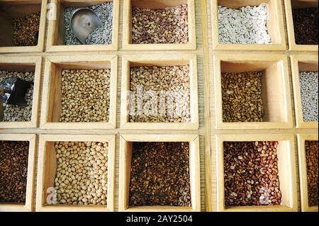 Assorted nuts in wooden box Stock Photo