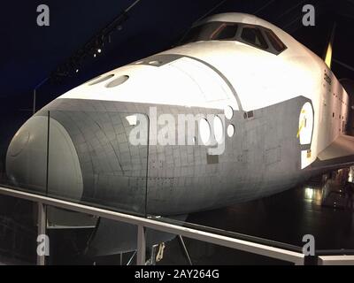 New York, USA - August 20, 2018: View of the Space Shuttle Enterprise on display at the USS Intrepid Sea, Air & Space Museum, a historic aircraft carr