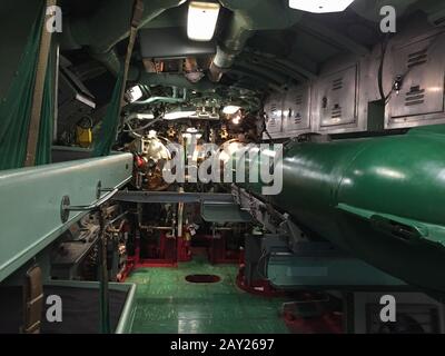 New York, USA - August 20, 2018: Interiors of the USS Growler SSG-57. Exhibit Intrepid Sea, Air and Space Museum.